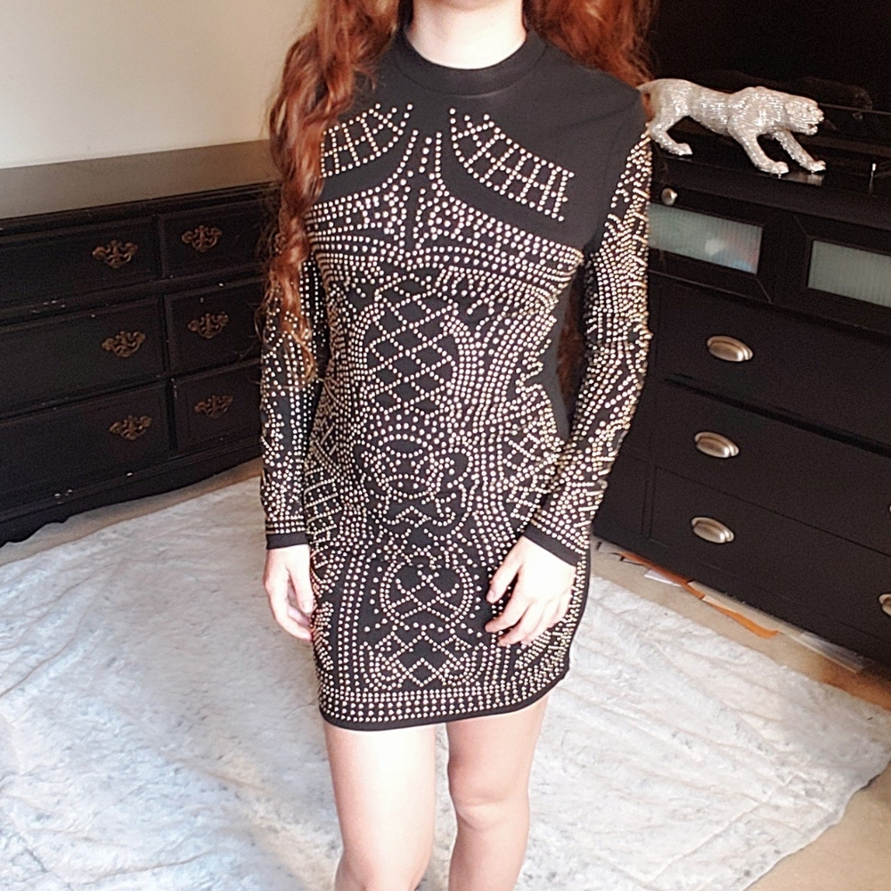 Banjul Black & Gold Beaded Longsleeve Dress XS